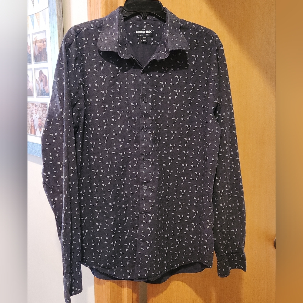 Express Mens 1MX Slim Stretch Cotton Button-down Shirt Gray Tiny Floral Print L